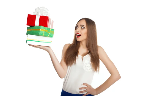 Modell fragt sich, wie viele Geschenke — Stockfoto