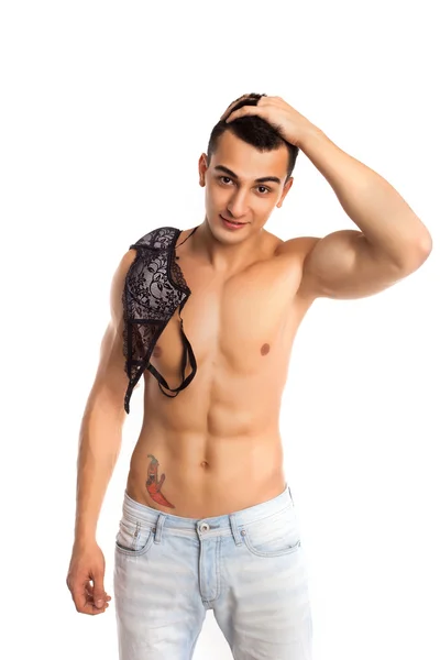 Man standing with lady`s bra — Stock Photo, Image