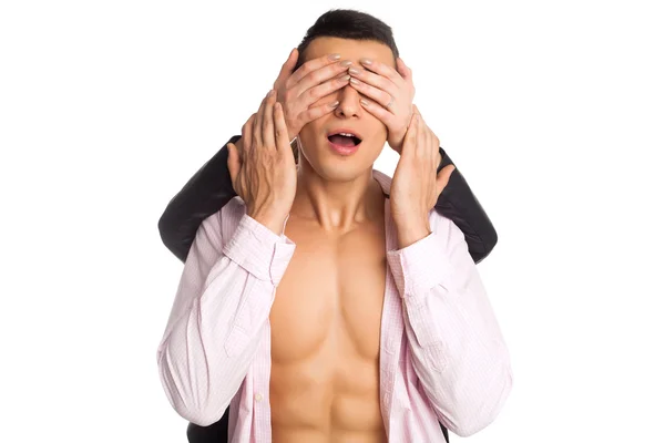 Model closing her boyfriend`s eyes — Stock Photo, Image