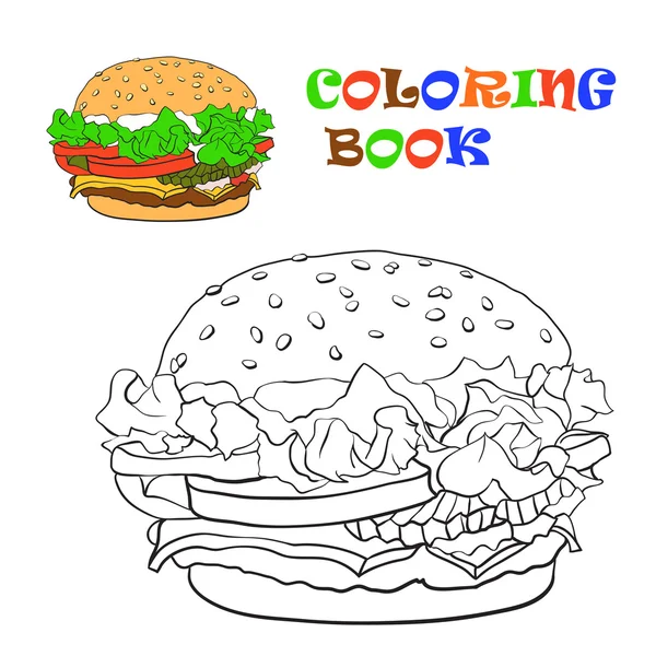 Hamburguesa, libro para colorear. Ilustración vectorial — Vector de stock