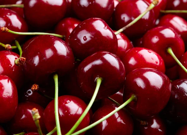 Fondo de cereza. Cerezas ecológicas dulces en el mostrador del mercado — Foto de Stock