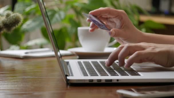 Shopping online concept. Woman hands holding credit card and using laptop. High quality shot, UHD, 4K — Stock Video