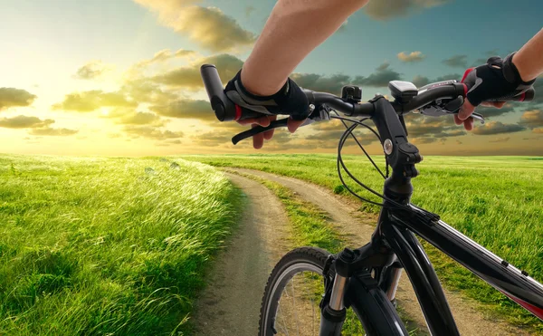 Man with bicycle riding country road — Stock Photo, Image