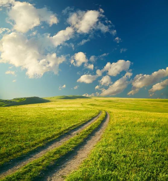 Paesaggio estivo con erba verde, strada e nuvole — Foto Stock