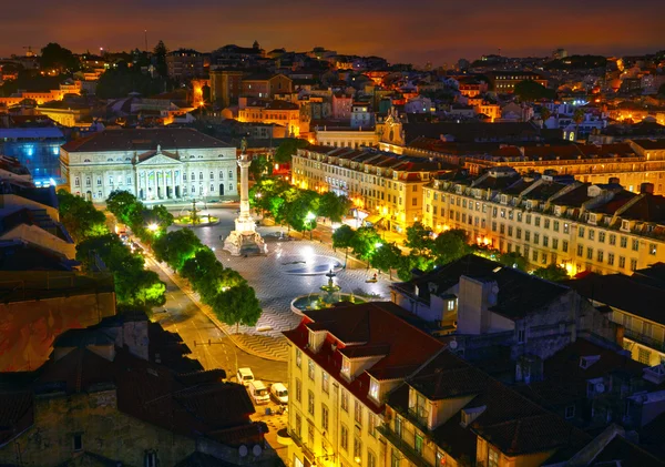 Rossio Square at night and Maria II Theatre. View from Santa Jus — Stock Photo, Image