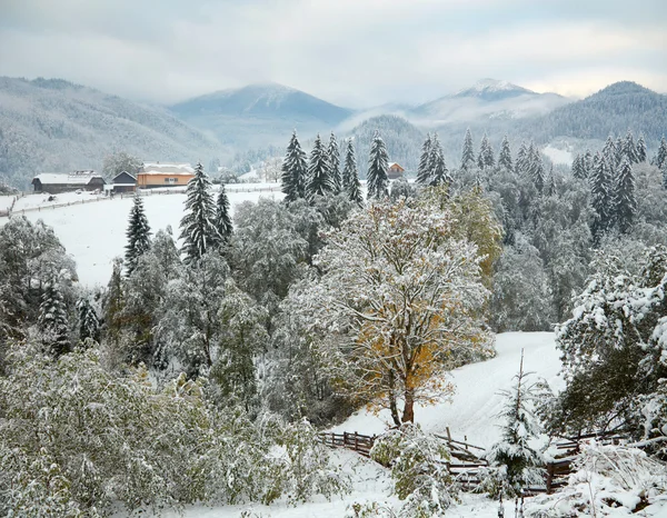 Första snön i maountain by. Ukraina — Stockfoto