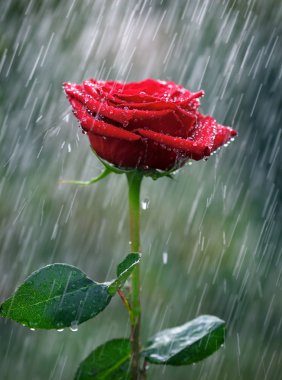 Yağmur içine waterdrops ile kırmızı gül