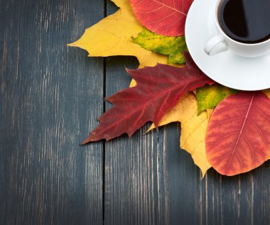 Fincan kahve ve koyu ahşap arka plan üzerinde sonbahar yaprakları