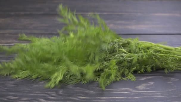 Fallande dill (fänkål) kvistar på trä bakgrund. Slow motion — Stockvideo