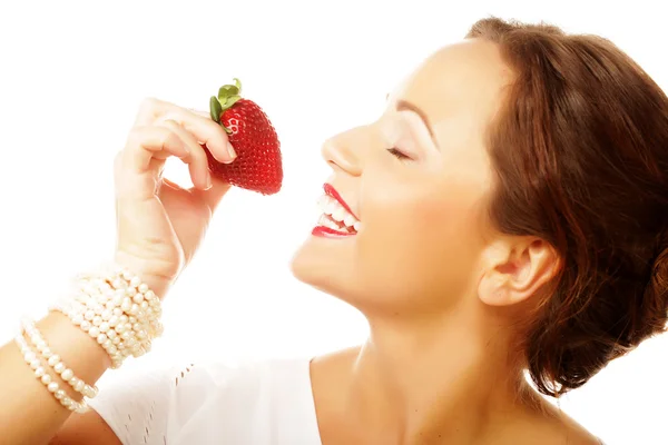 Fun woman with strawberry — Stock Photo, Image