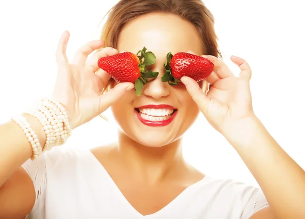 Fun woman with strawberry — Stock Photo, Image