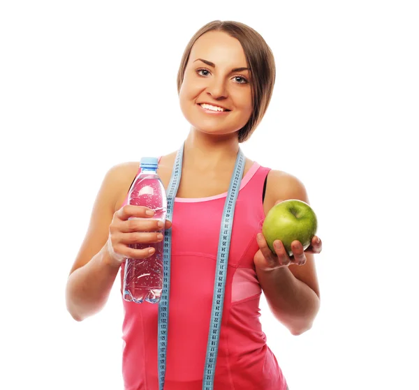 Healthy woman with water and apple diet smiling — Stock Photo, Image