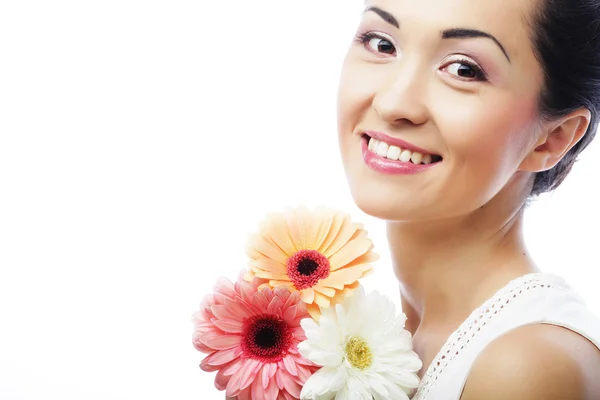 Young asian woman with bouquet gerber flowers — Stock Photo, Image
