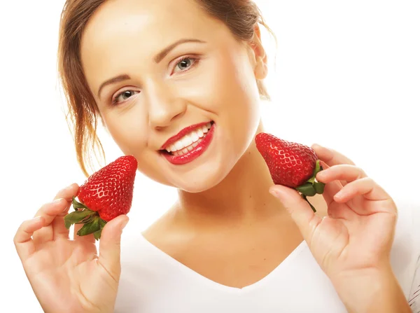 Zábava žena s jahodou — Stock fotografie