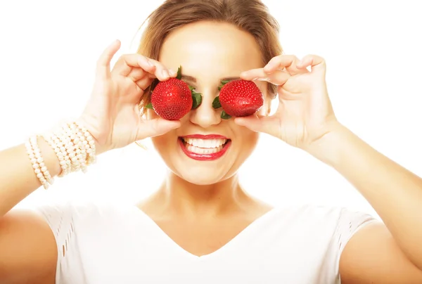 Fun woman with strawberry — Stock Photo, Image