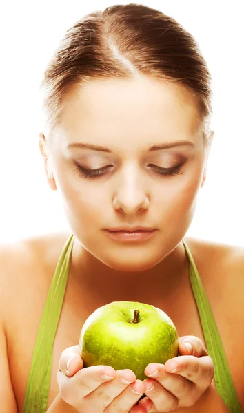 Joven mujer rubia feliz con manzana — Foto de Stock