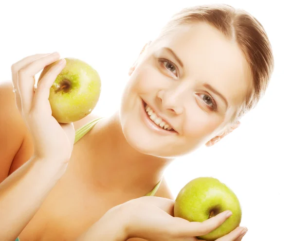 Joven mujer rubia feliz con manzana —  Fotos de Stock