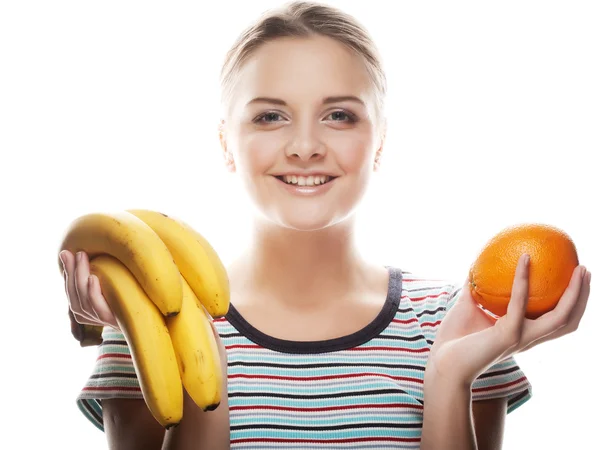 Young happy blond woman with apple — Stock Photo, Image