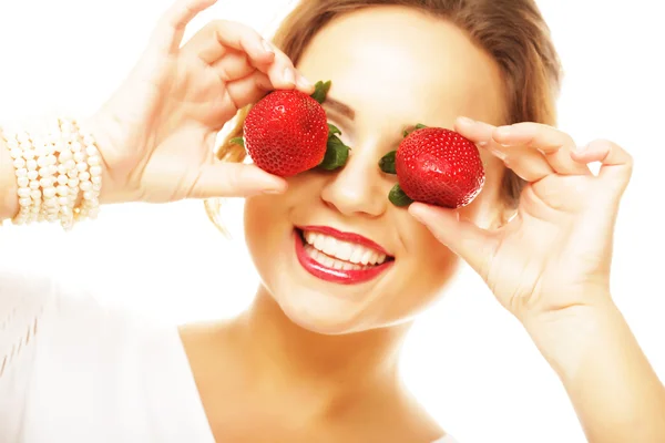 Fun woman with strawberry — Stock Photo, Image