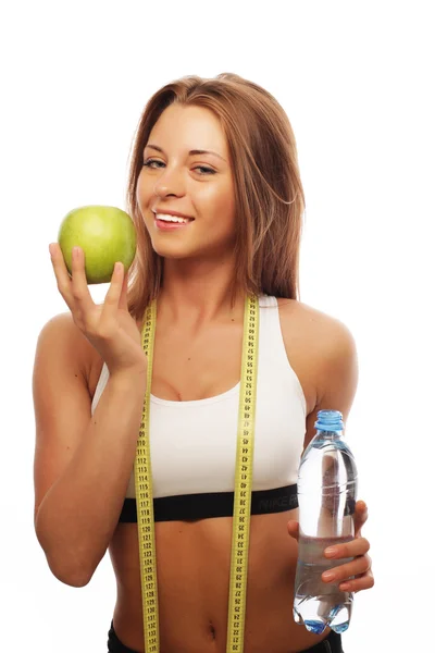 Donna sana con acqua e mela dieta sorridente — Foto Stock