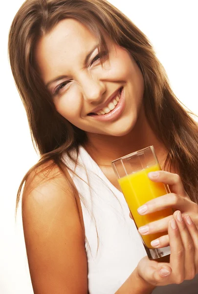 Woman drinking orange juice close up — Stock Photo, Image