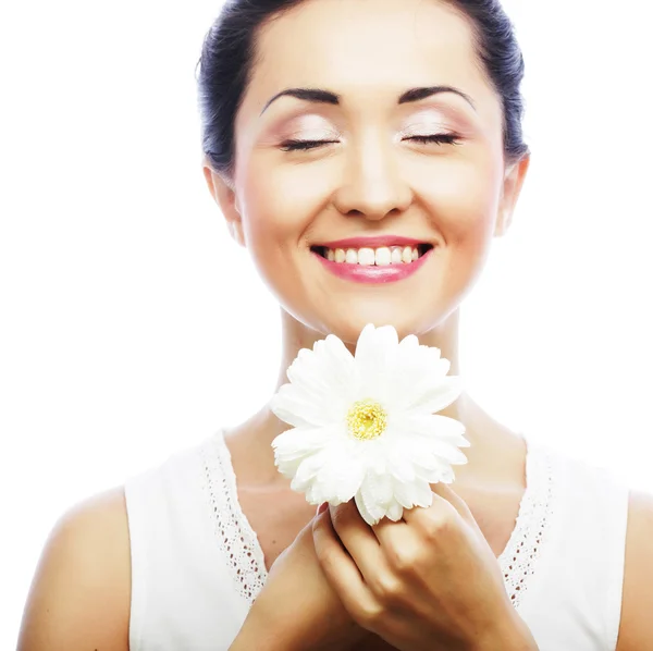 Salute fresca donna asiatica con gerber bianco — Foto Stock