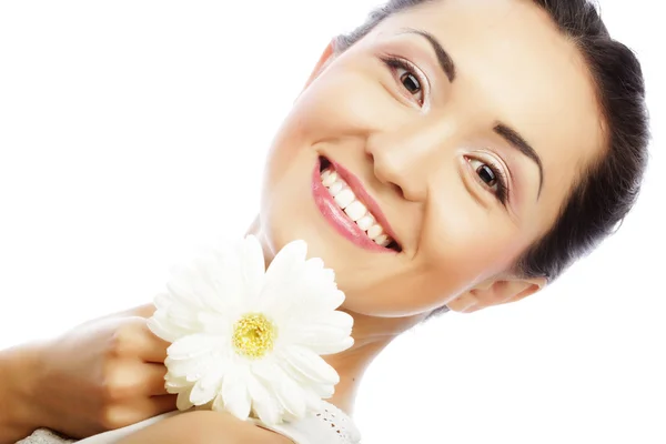 Young asian woman holding white gerber flower — Stock Photo, Image