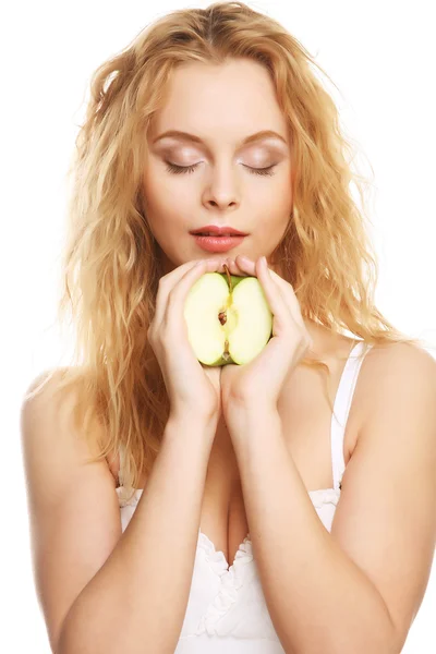 Happy woman with green apple — Stock Photo, Image