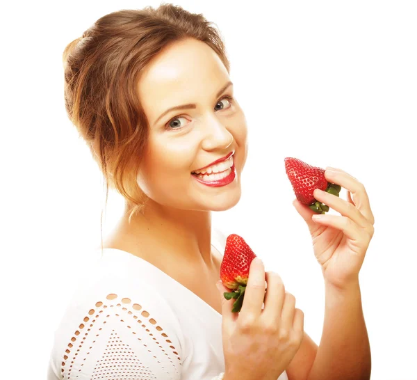 Zábava žena s jahodou — Stock fotografie