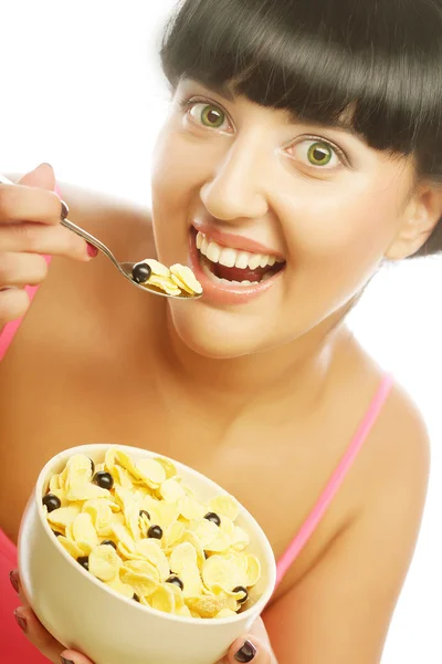 Mulher sorridente comendo Muesli — Fotografia de Stock