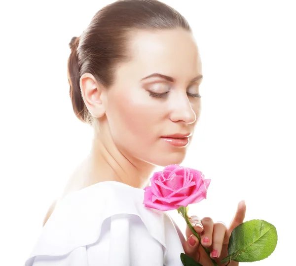 Beautiful  young woman with pink rose — Stock Photo, Image