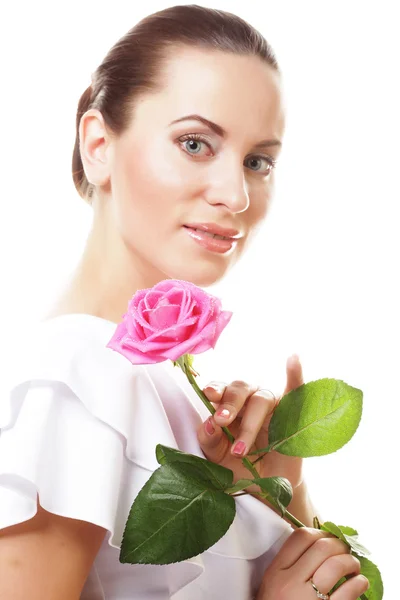 Beautiful  young woman with pink rose — Stock Photo, Image