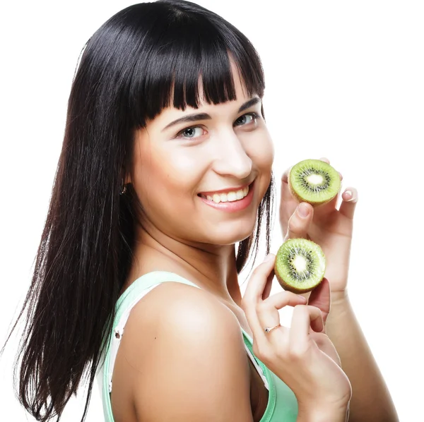 Happy woman holding kiwi — Stock Photo, Image