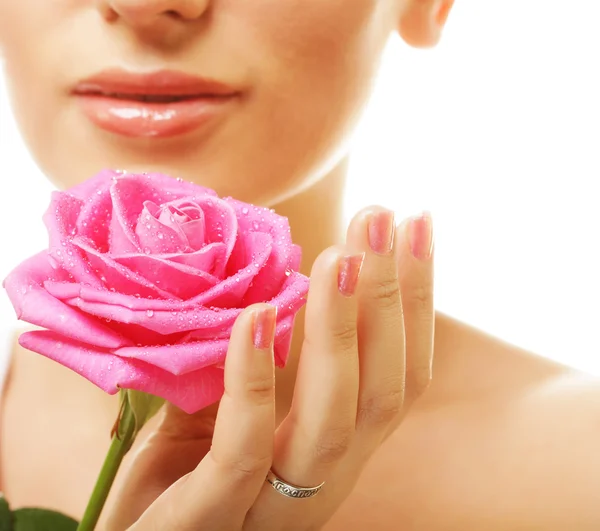 Beautiful  young woman with pink rose — Stock Photo, Image