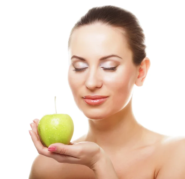 Young happy smiling woman with green apple — Stock Photo, Image