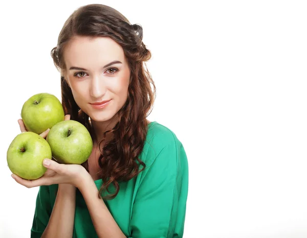 Junge glückliche Frau mit grünen Äpfeln. — Stockfoto