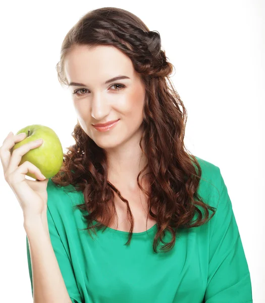 年轻快乐的笑脸女人，绿苹果 — 图库照片