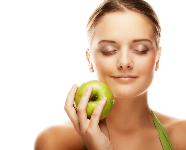 Joven feliz mujer sonriente con manzana verde — Foto de Stock