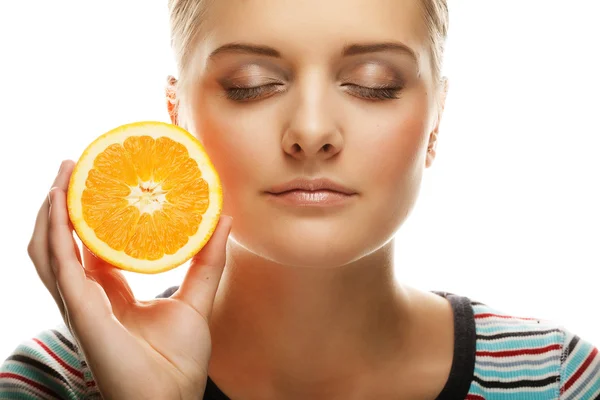 Woman with oranges in her hands studio portrait isolated on whit — Stock Photo, Image