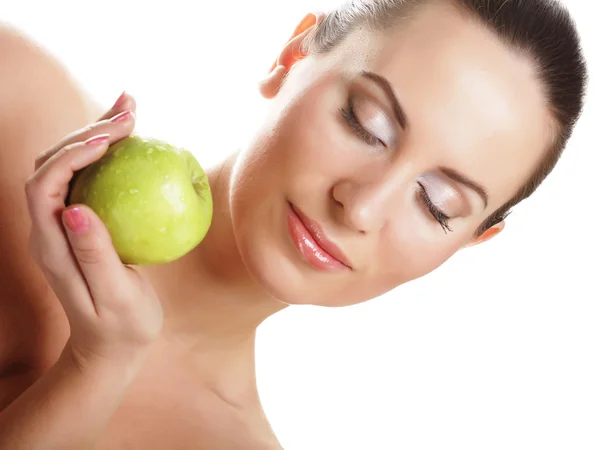 Young happy smiling woman with green apple — Stock Photo, Image