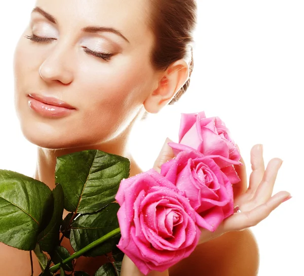 Woman with pink roses — Stock Photo, Image