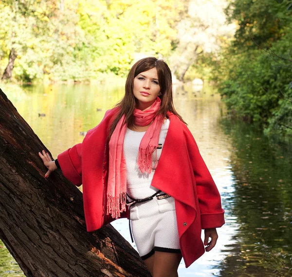 Young smiling woman in autumn park — Stock Photo, Image