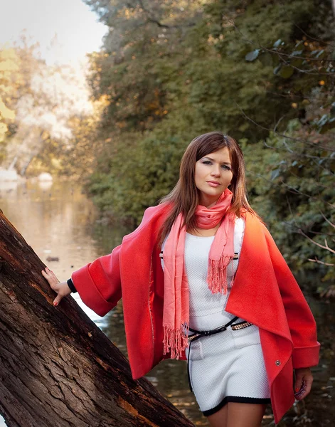 Mosolygó fiatal nő őszi park — Stock Fotó