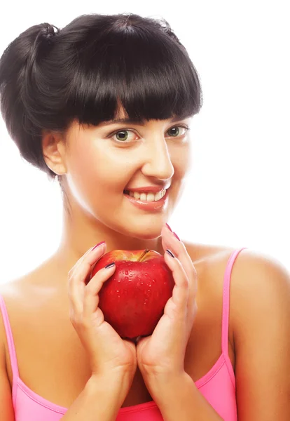 Krásná žena s červeným jablkem — Stock fotografie