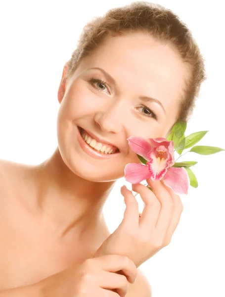 Linda com flor de orquídea — Fotografia de Stock