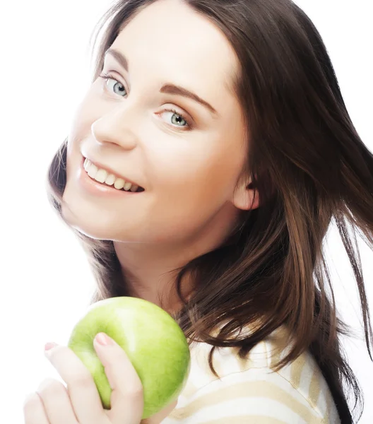 Yeşil elma genç kadın portresi — Stok fotoğraf