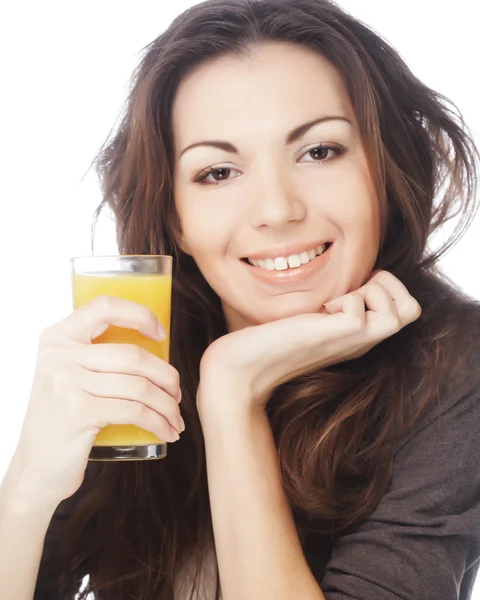 Woman with orange juice on white background — Stock Photo, Image