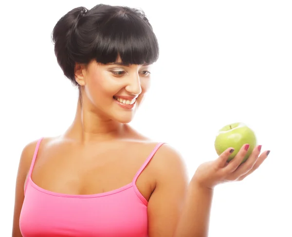 Feliz mujer sonriente con manzana verde — Foto de Stock