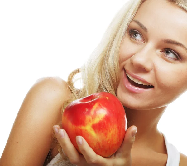 Smiling woman with red apple — Stock Photo, Image