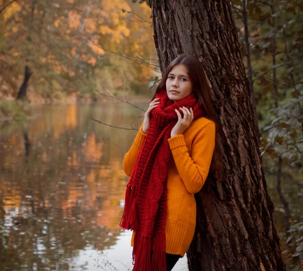 Junge lächelnde Frau im Herbstpark — Stockfoto